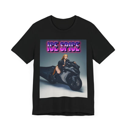 A black graphic t-shirt featuring a graphic of Ice Spice related to motorcycles or a rebellious, cool style.