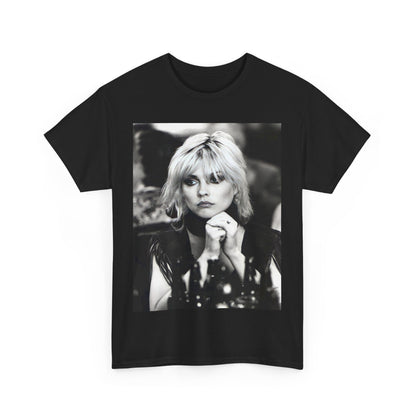 A black graphic t-shirt featuring an iconic black and white graphic or photo of Blondie.