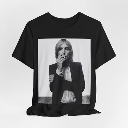 A black graphic t-shirt featuring a black and white graphic or photo of Tom Petty as a Southern rock icon.