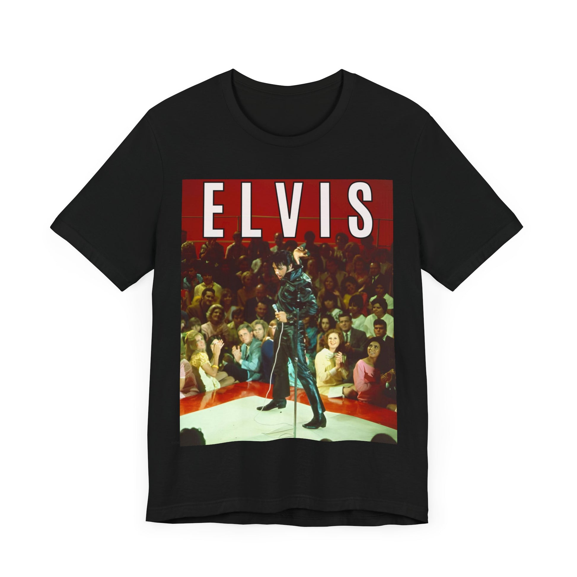 A black graphic t-shirt featuring a retro graphic related to an Elvis Presley special concert.
