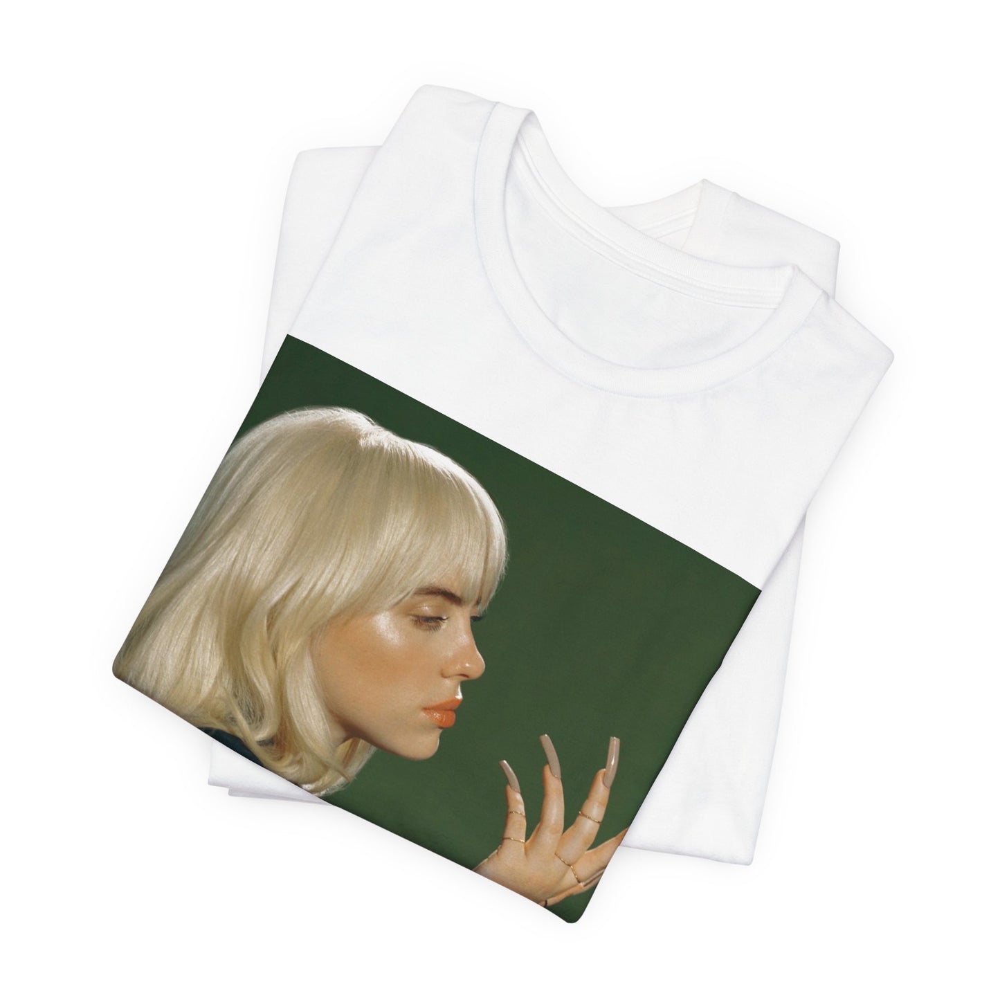 A vintage-style portrait of Billie Eilish with platinum blonde hair and long nails, wearing a denim jacket against a green background.