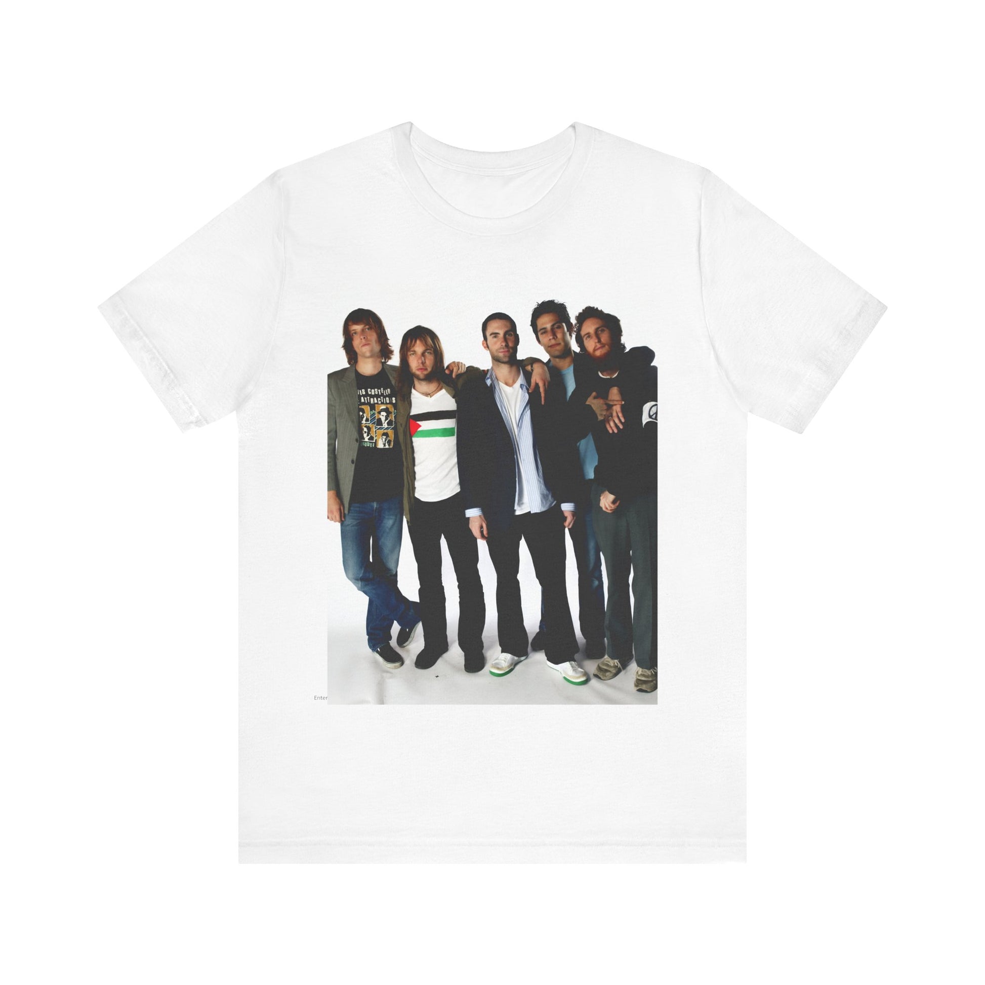 A scrapbook-style collage of various photos of the band Maroon 5 from a classic era, printed on a graphic t-shirt