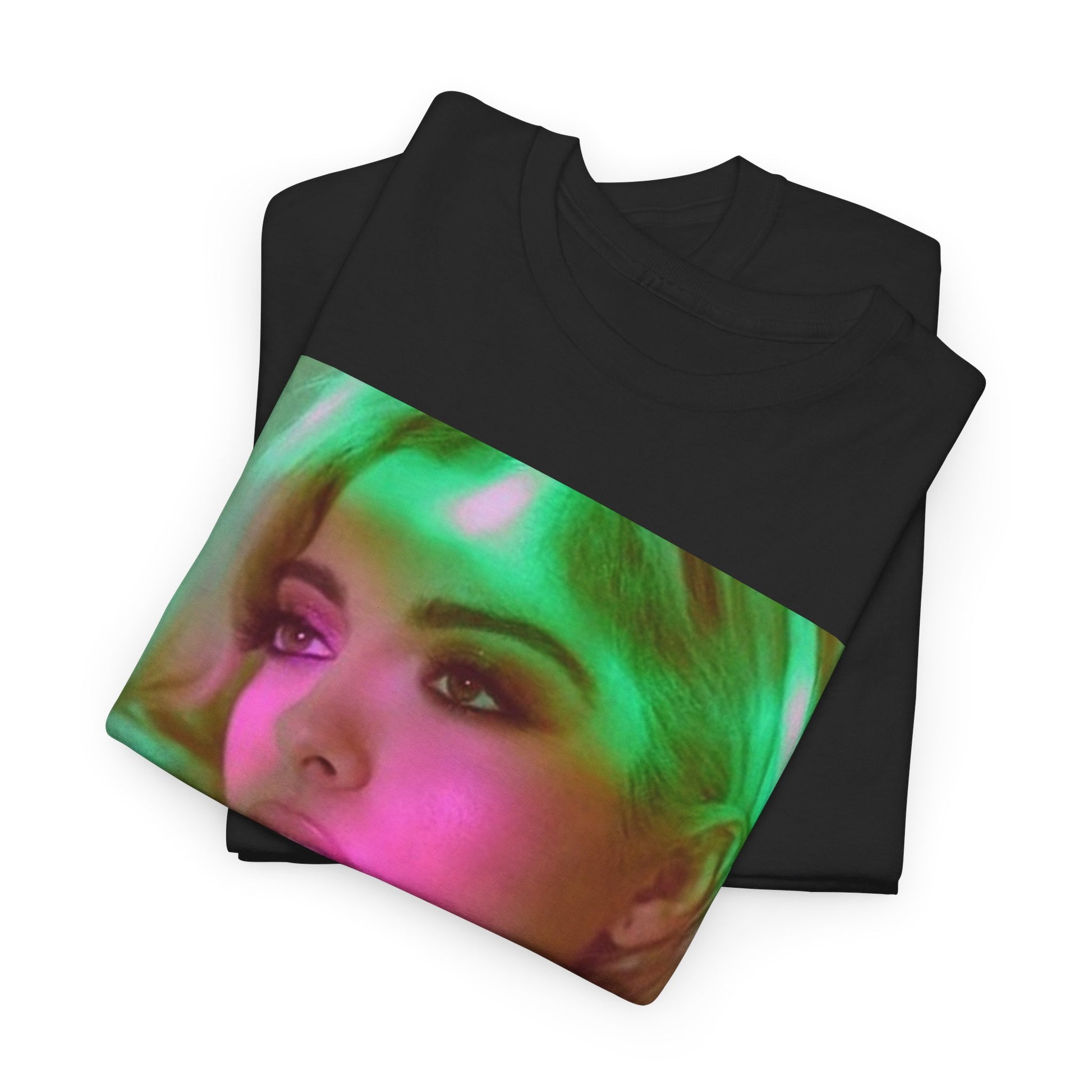 A black graphic t-shirt featuring a photo of Bebe Rexha, with neon lighting or elements, giving a chill vibe.