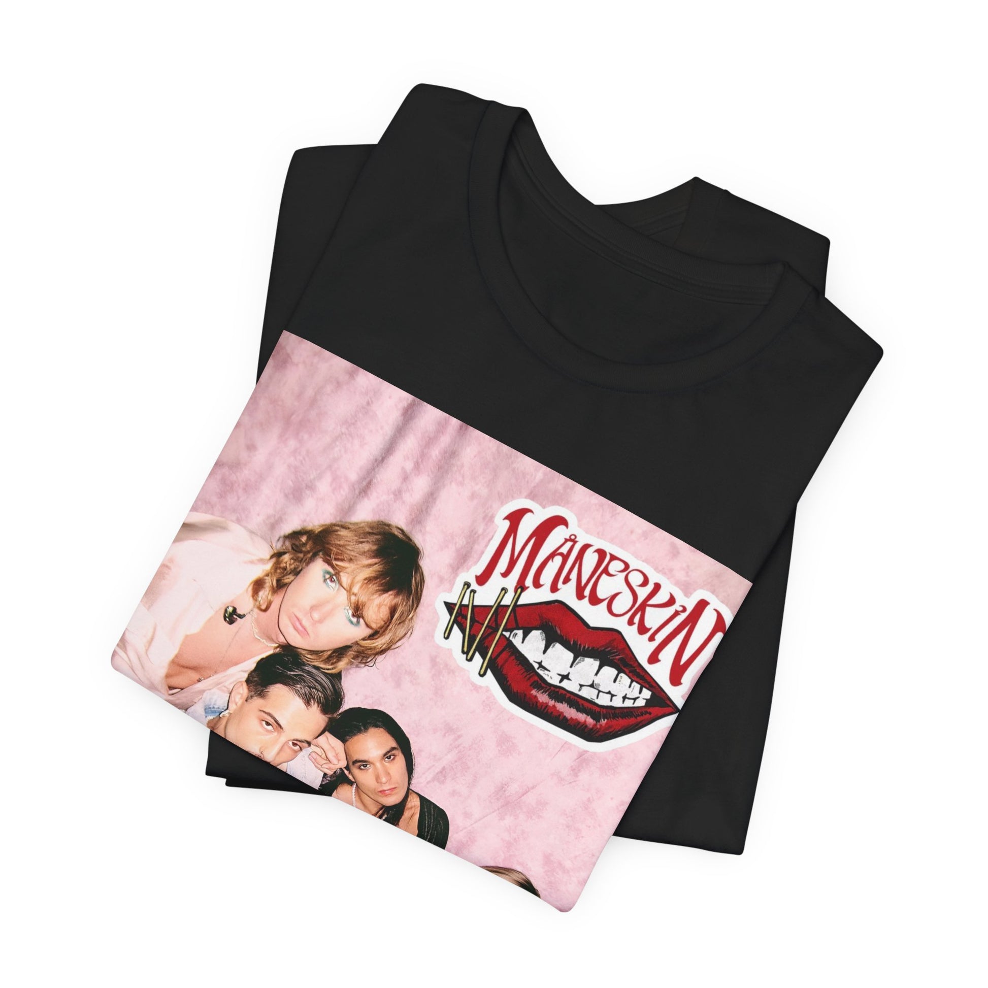 A black graphic t-shirt featuring a graphic related to Maneskin's 'I Wanna Be Your Slave' song or era.
