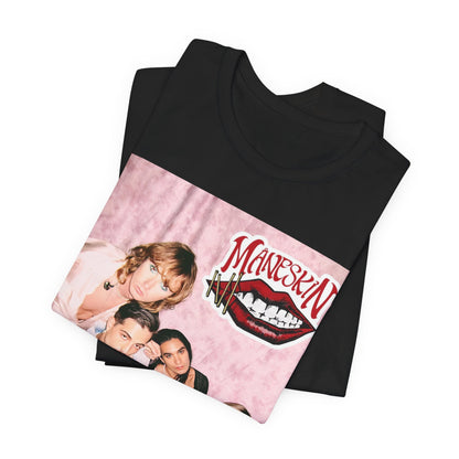 A black graphic t-shirt featuring a graphic related to Maneskin's 'I Wanna Be Your Slave' song or era.