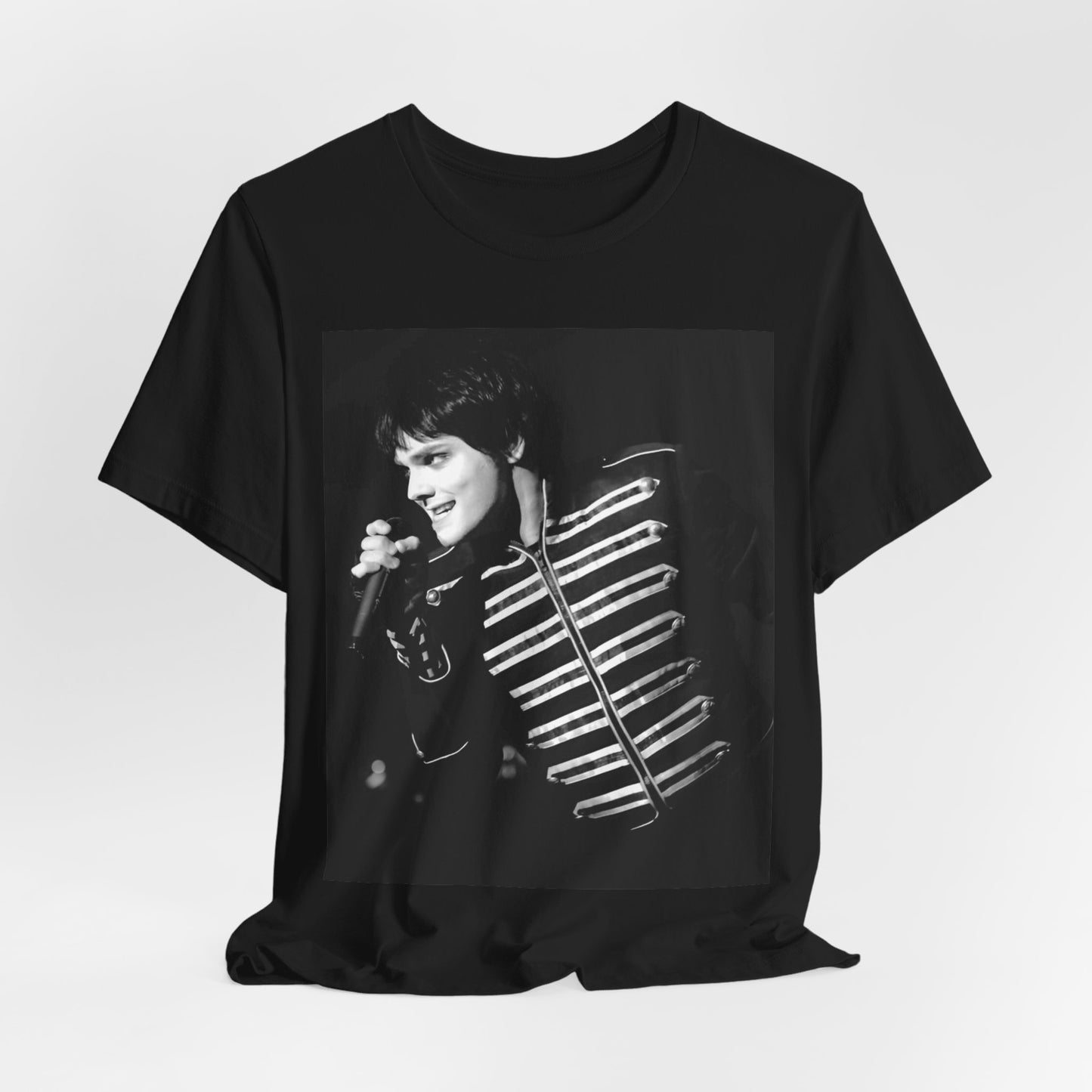 A black graphic t-shirt featuring a graphic related to My Chemical Romance's 'Black Parade' live performances.