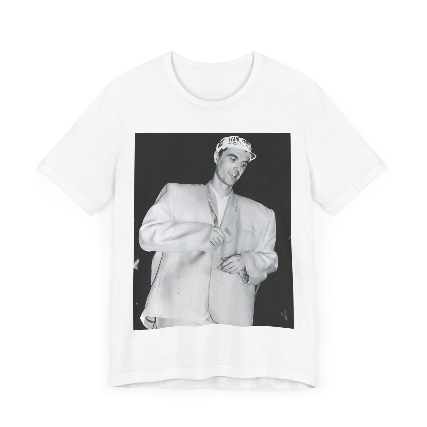 A black graphic t-shirt featuring a black and white graphic of Talking Heads with a cool NYC art scene aesthetic.