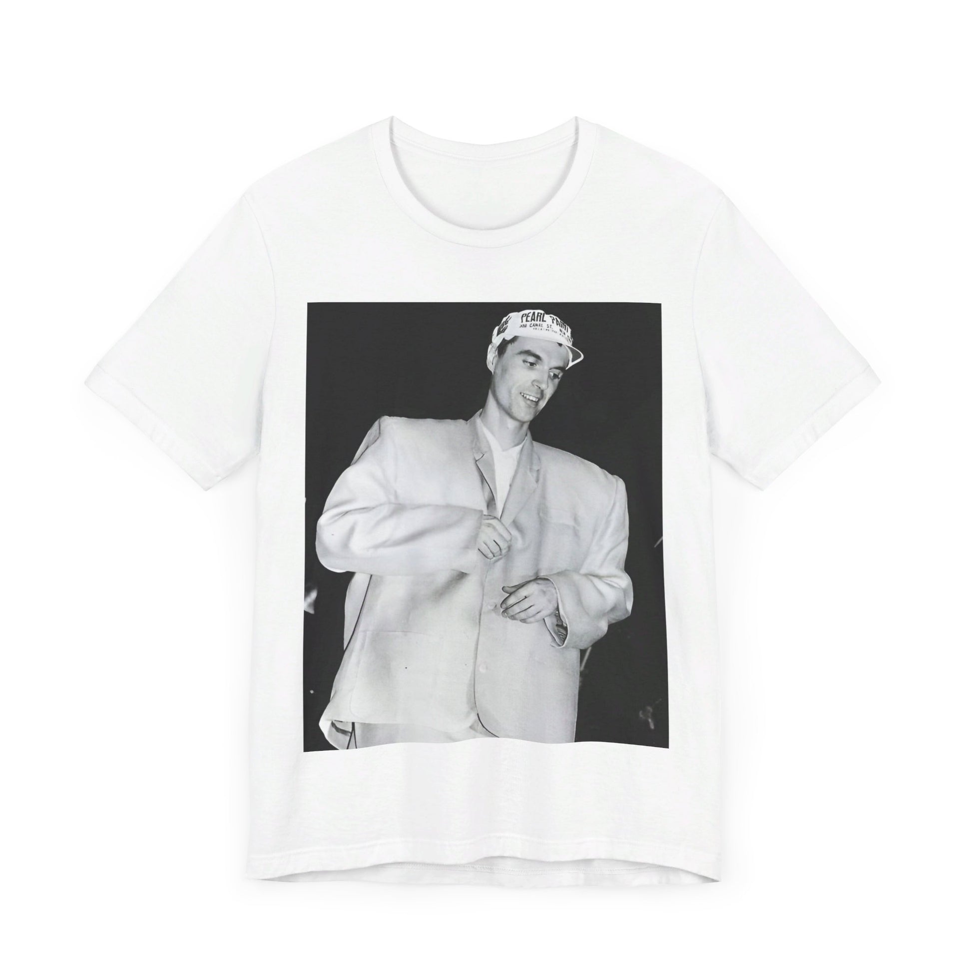 A black graphic t-shirt featuring a black and white graphic of Talking Heads with a cool NYC art scene aesthetic.