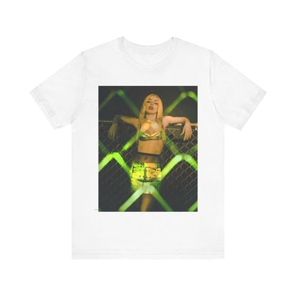 A black graphic t-shirt featuring a graphic of Ava Max with prominent neon green aesthetic elements.