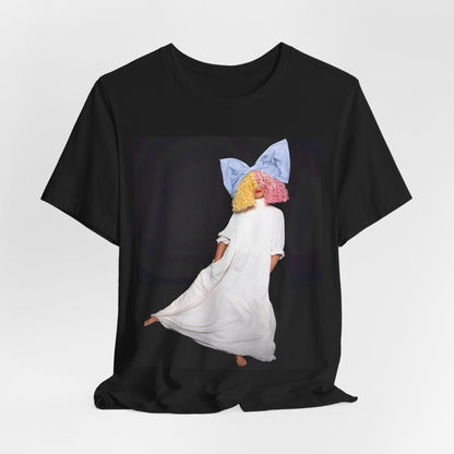 A black graphic t-shirt featuring a vintage pop icon graphic of Sia.