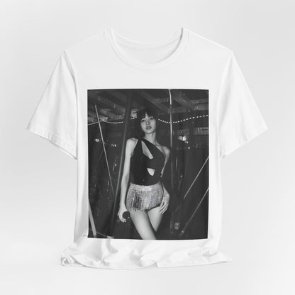 A black graphic t-shirt featuring a black and white graphic or photo of Lisa in a backstage setting.