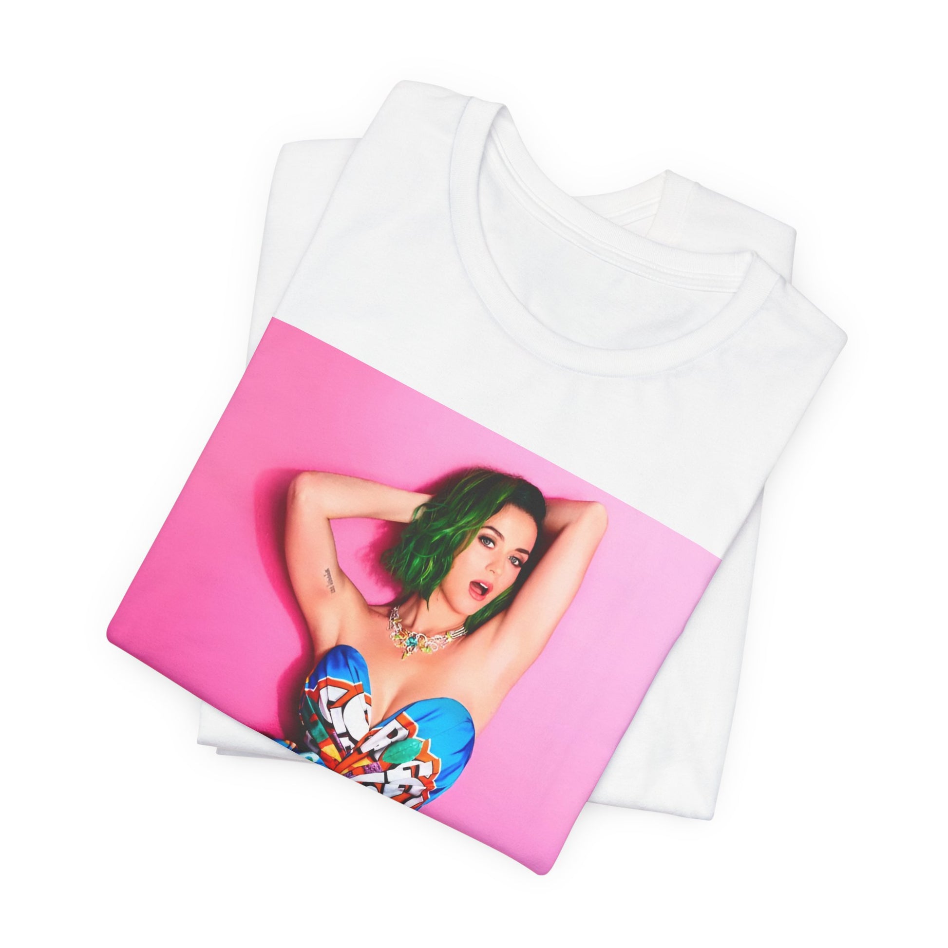A black graphic t-shirt featuring a graphic related to Katy Perry's 'Dark Horse' song or era.