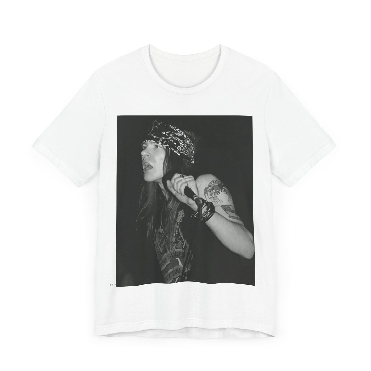 A black graphic t-shirt featuring a black and white portrait photo of the band Guns N' Roses.