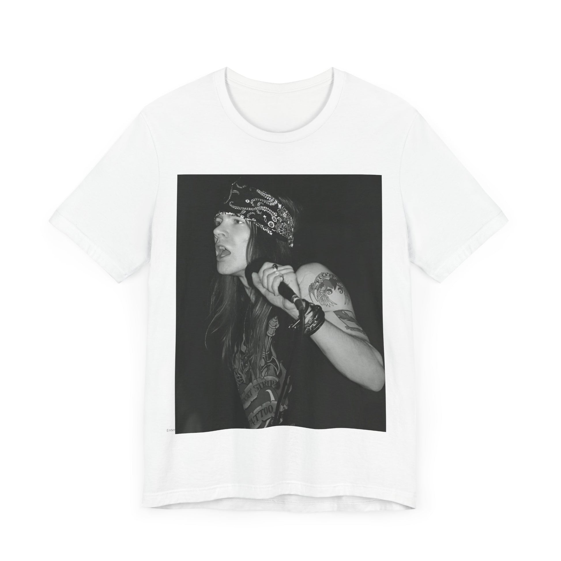 A black graphic t-shirt featuring a black and white portrait photo of the band Guns N' Roses.