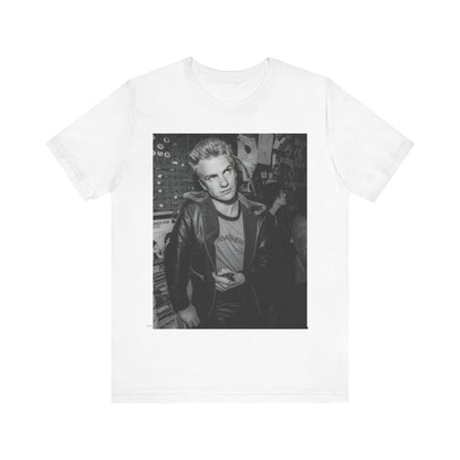 A black graphic t-shirt featuring a vintage black and white monochrome graphic or photo of Sting.