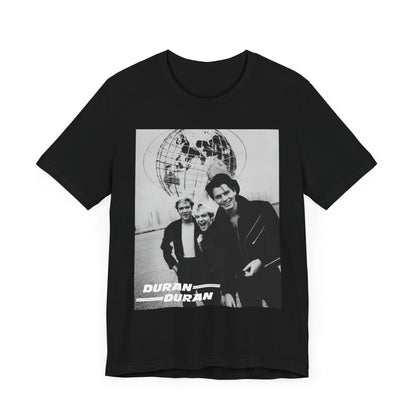 A black graphic t-shirt featuring a black and white portrait photo of the band Duran Duran.
