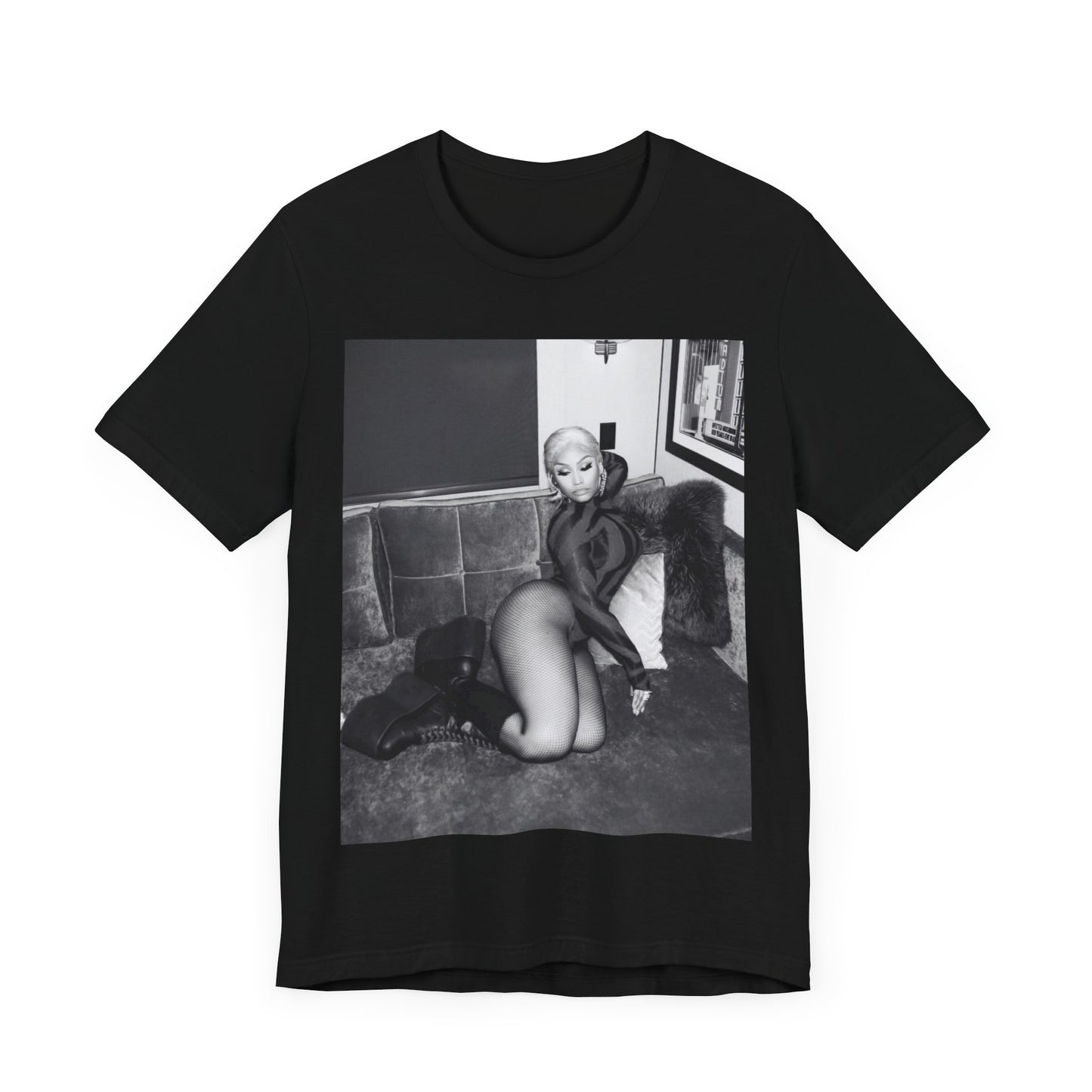 A black graphic t-shirt featuring a fierce black and white glamour graphic of Nicki Minaj.