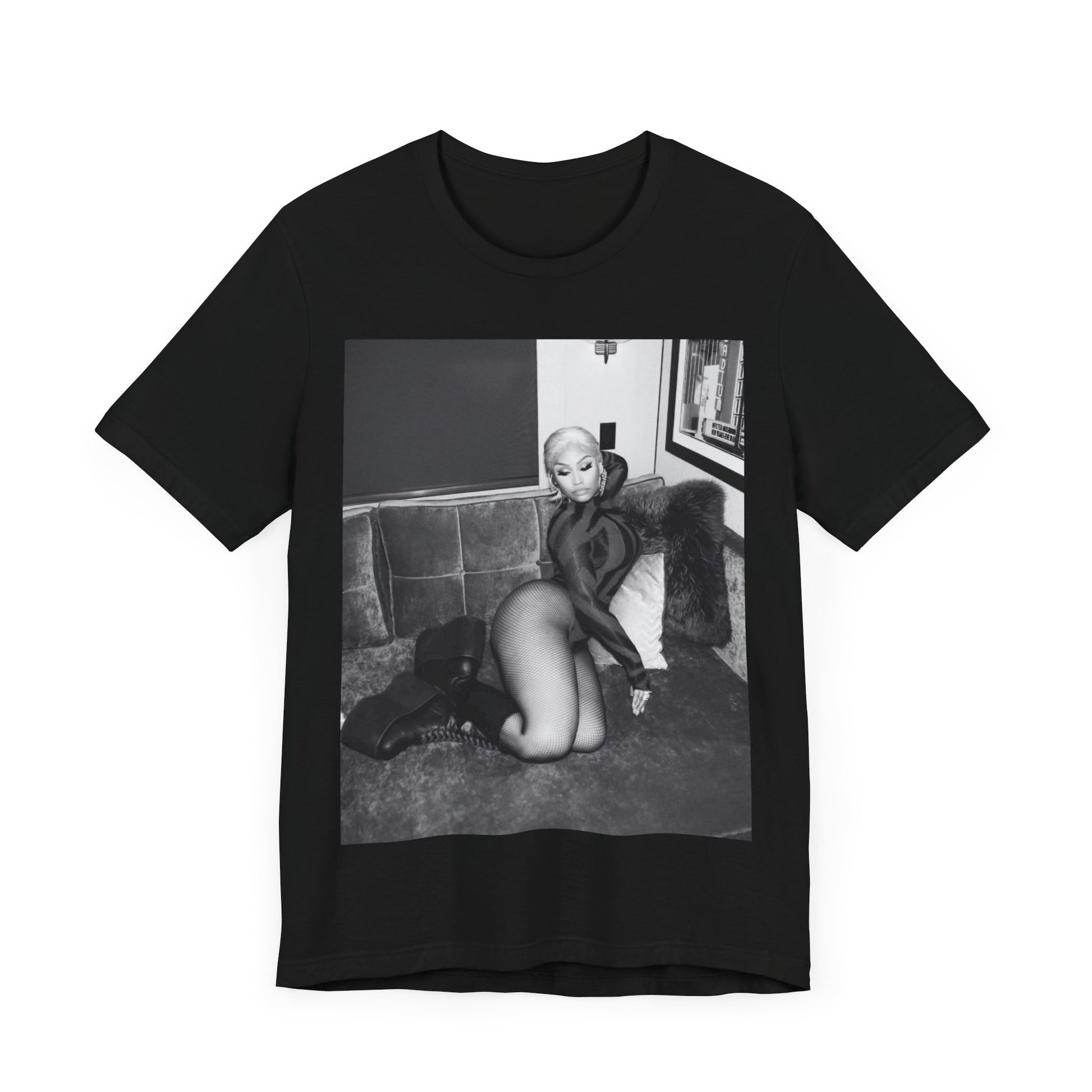 A black graphic t-shirt featuring a fierce black and white glamour graphic of Nicki Minaj.