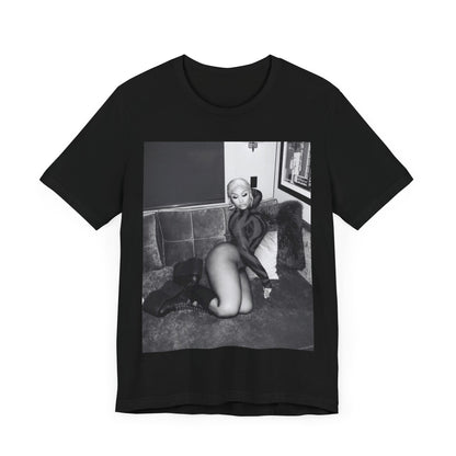 A black graphic t-shirt featuring a fierce black and white glamour graphic of Nicki Minaj.