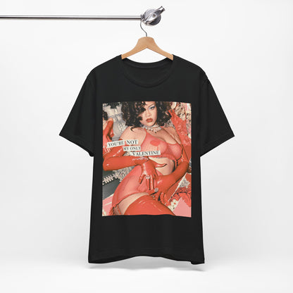 A black graphic t-shirt featuring a graphic of Rihanna with a 'hot valentine' theme.
