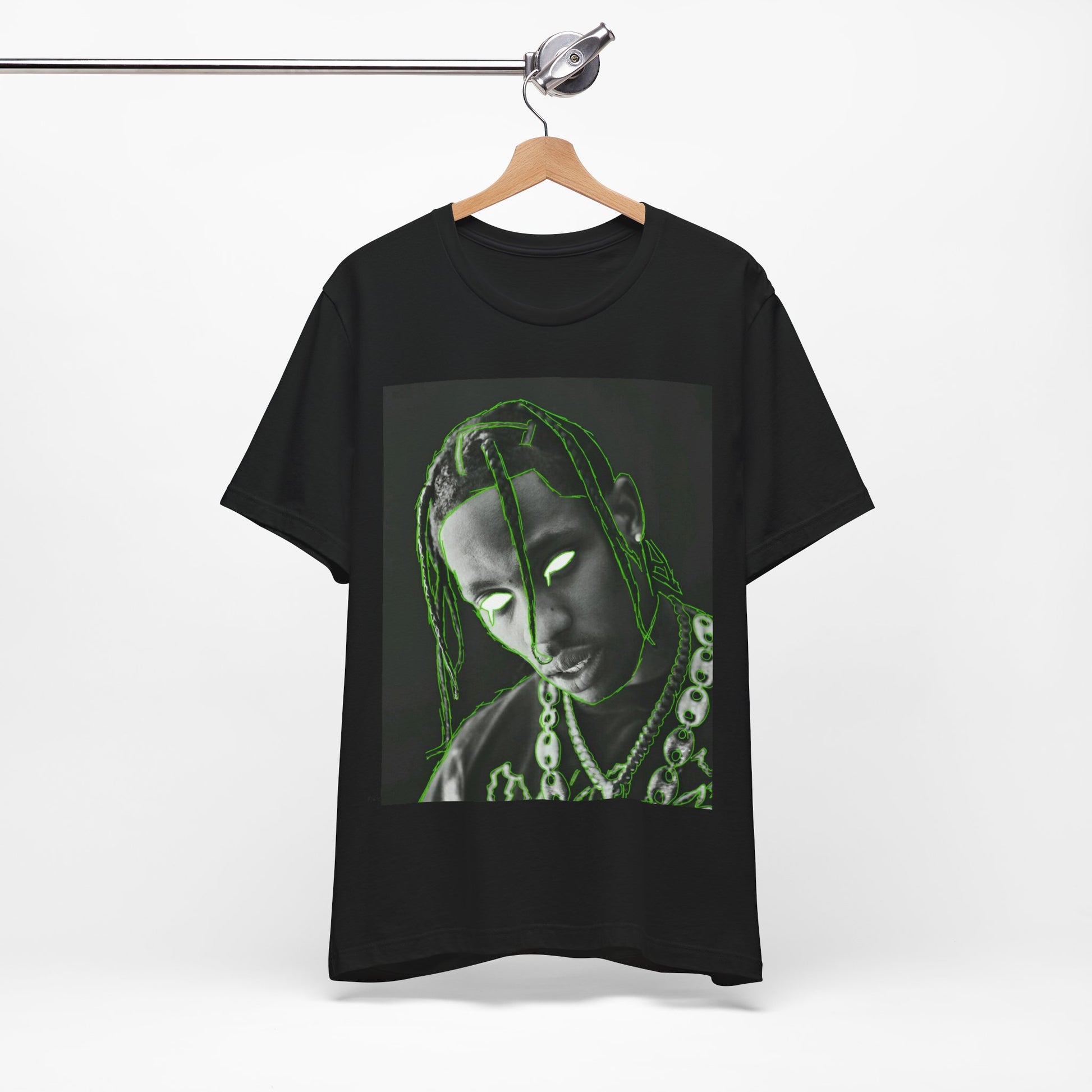A black graphic t-shirt featuring a retro graphic related to Travis Scott's 'Sicko Mode' song or era.