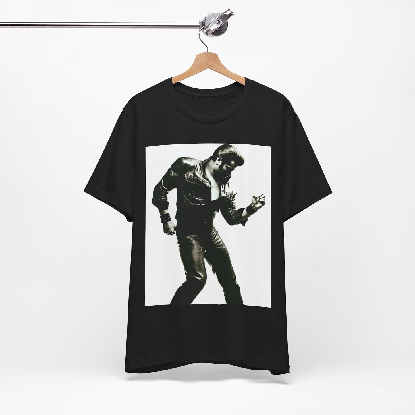 A black graphic t-shirt featuring a retro black and white monochrome photo or graphic of Elvis Presley.