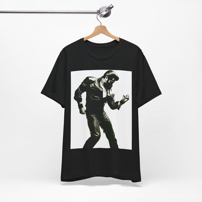 A black graphic t-shirt featuring a retro black and white monochrome photo or graphic of Elvis Presley.