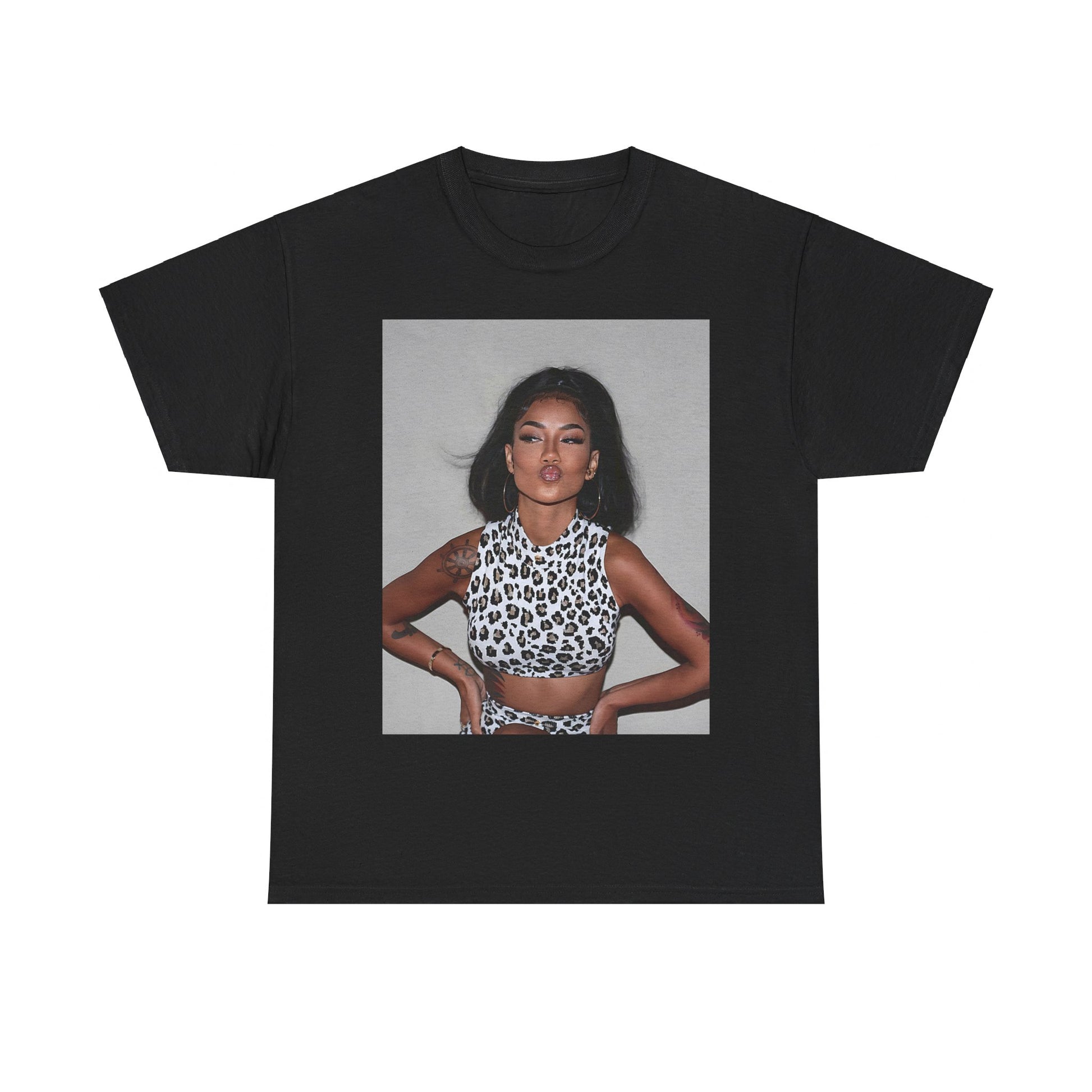 A black graphic t-shirt featuring a glamorous photo portrait of Jhene Aiko.