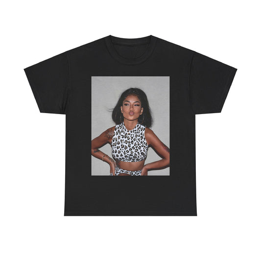 A black graphic t-shirt featuring a glamorous photo portrait of Jhene Aiko.