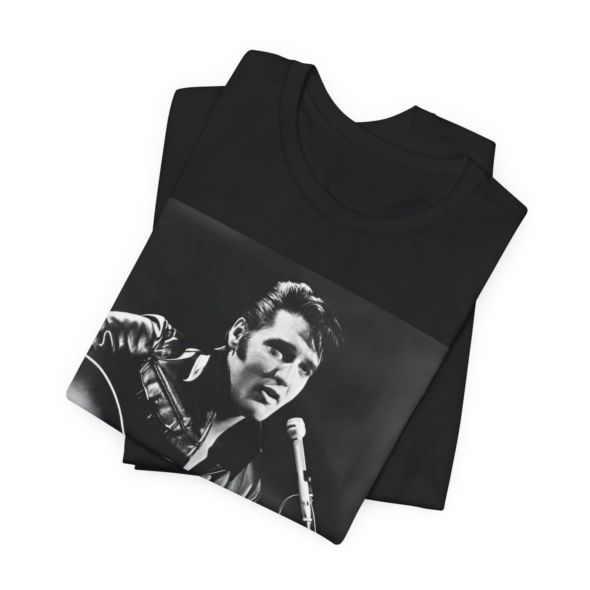 A black graphic t-shirt featuring a graphic related to Elvis Presley's 'Burning Love' song or era.