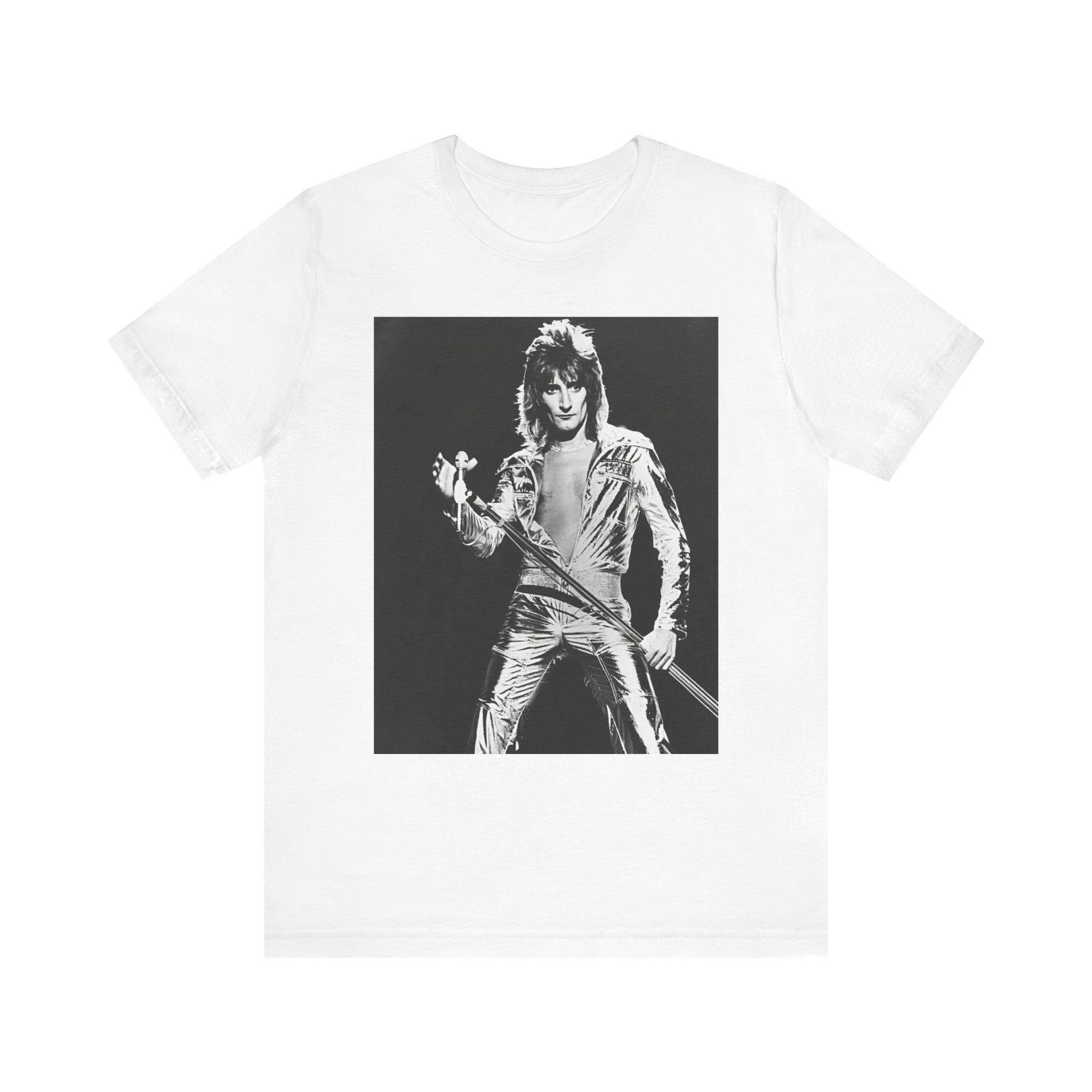 A black graphic t-shirt featuring a 70s black and white monochrome graphic or photo of Rod Stewart.