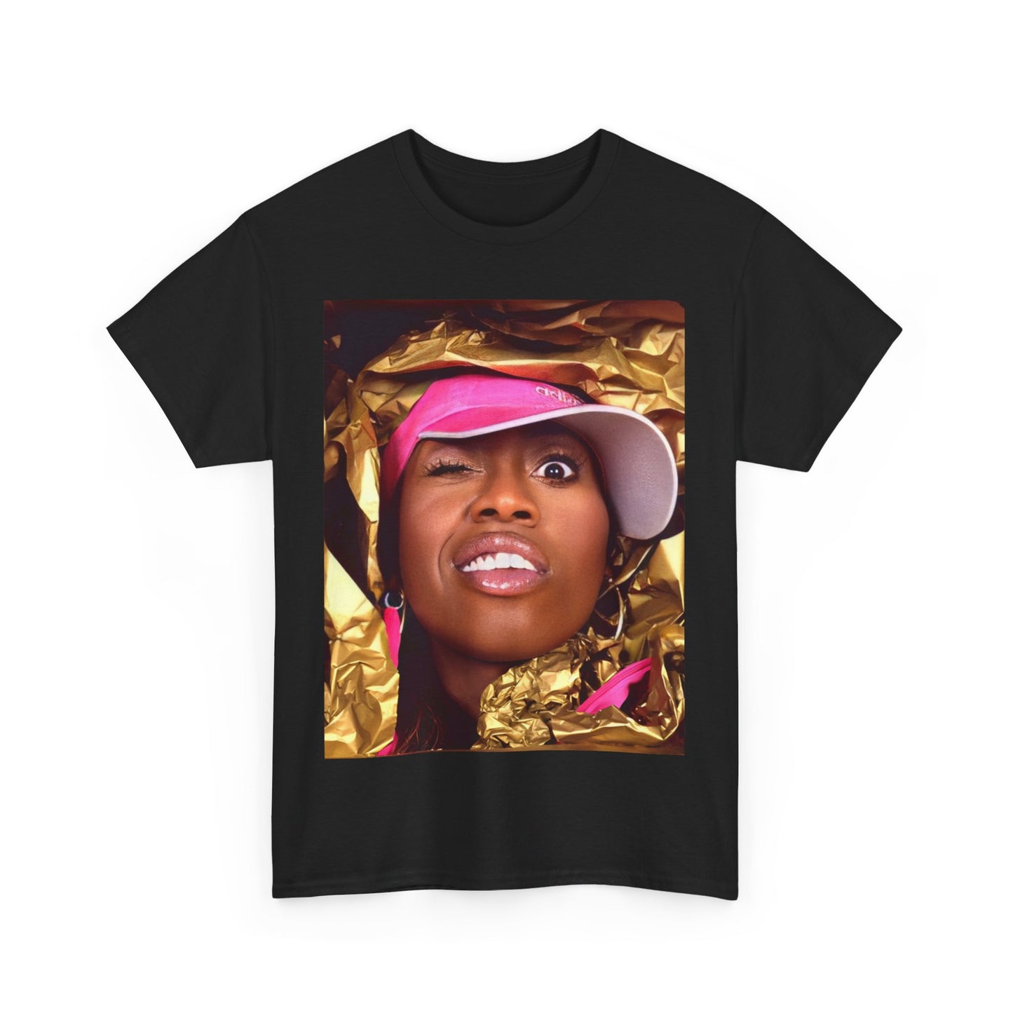A black graphic t-shirt featuring a graphic related to Missy Elliott's 90s rap music video visionary style.