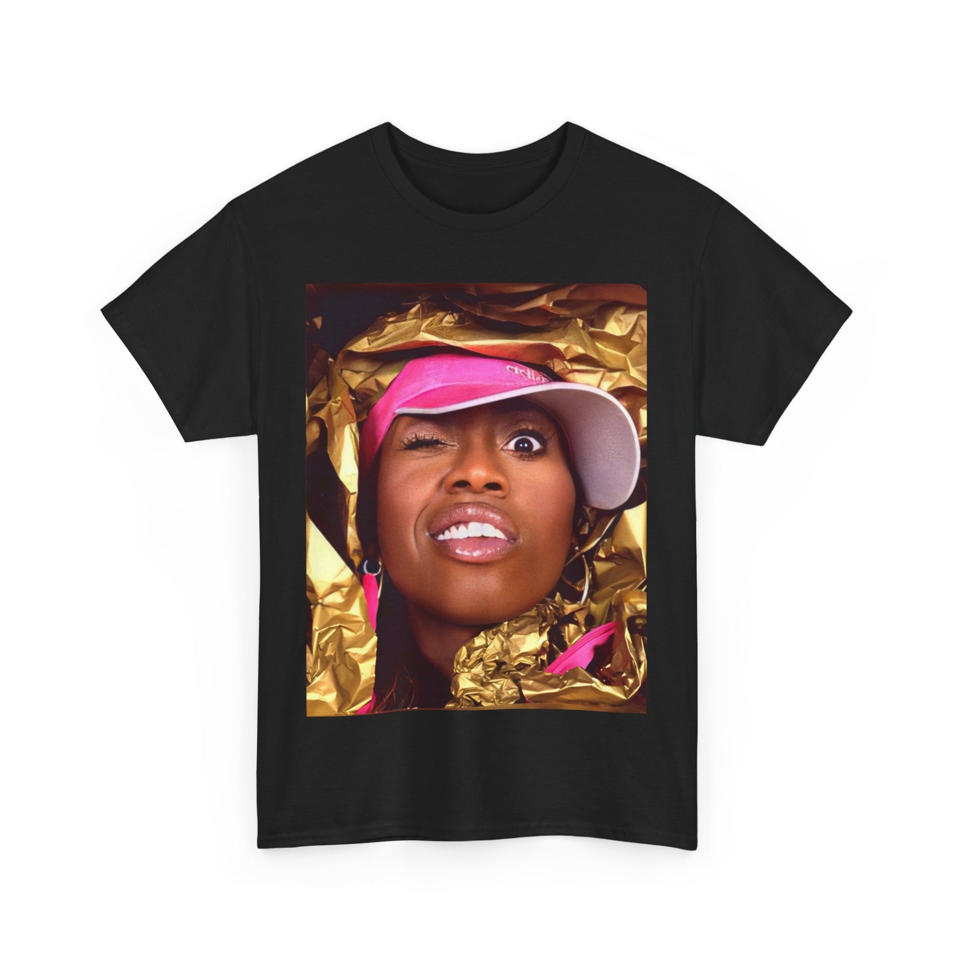 A black graphic t-shirt featuring a graphic related to Missy Elliott's 90s rap music video visionary style.