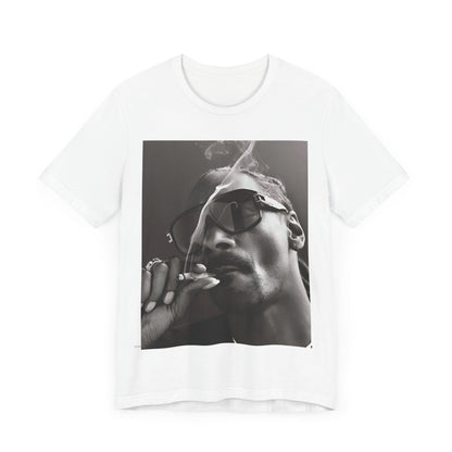 A black graphic t-shirt featuring an iconic black and white shaded portrait graphic of Snoop Dogg.