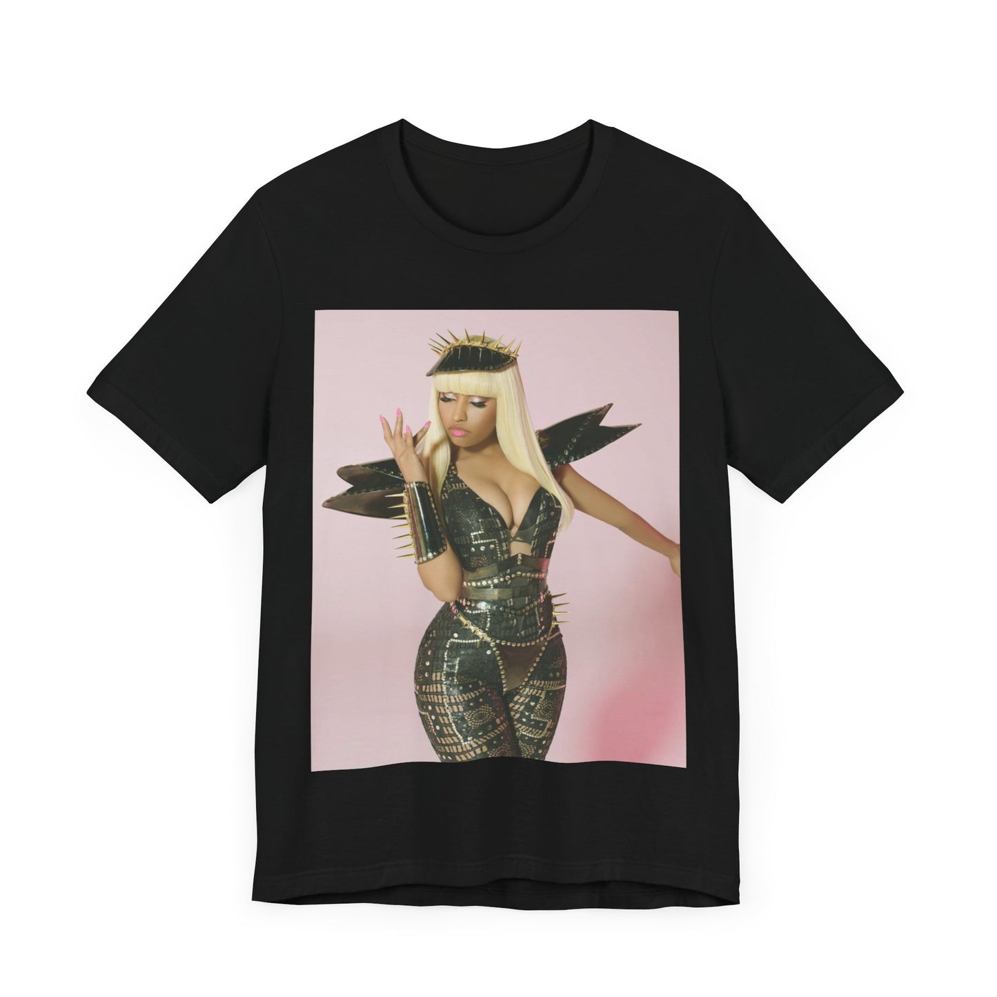 A black graphic t-shirt featuring a high fashion street vibe graphic of Nicki Minaj.