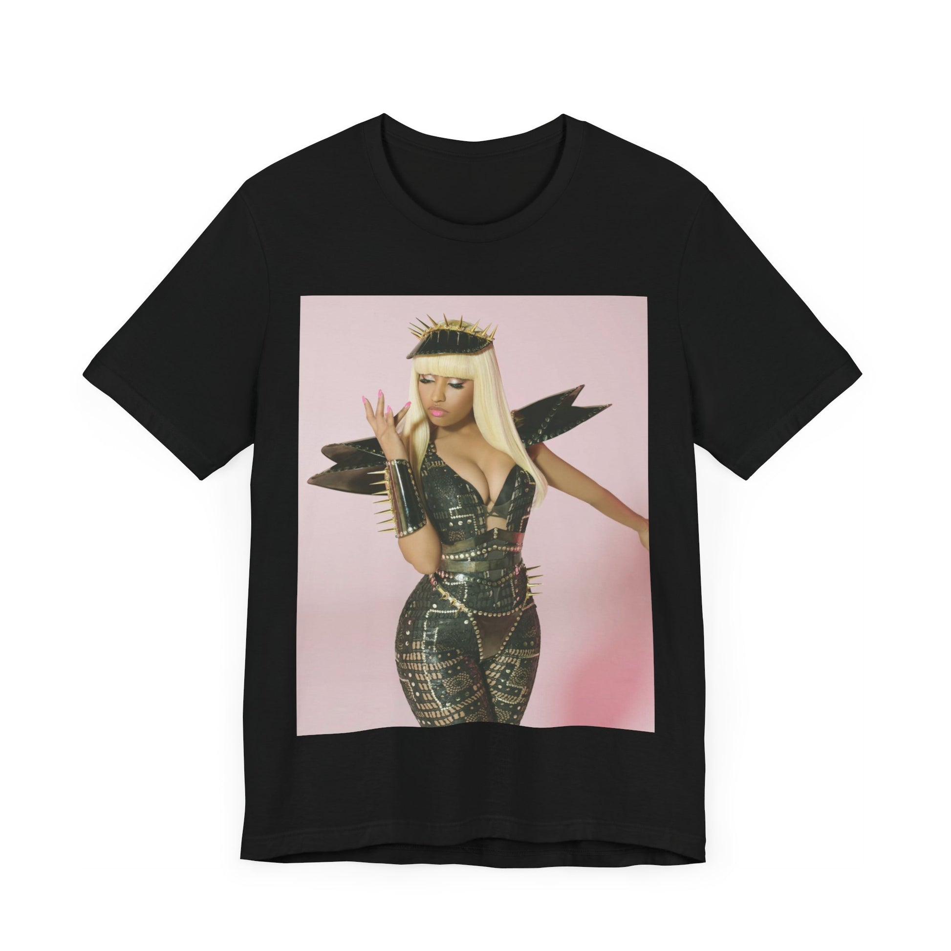 A black graphic t-shirt featuring a high fashion street vibe graphic of Nicki Minaj.
