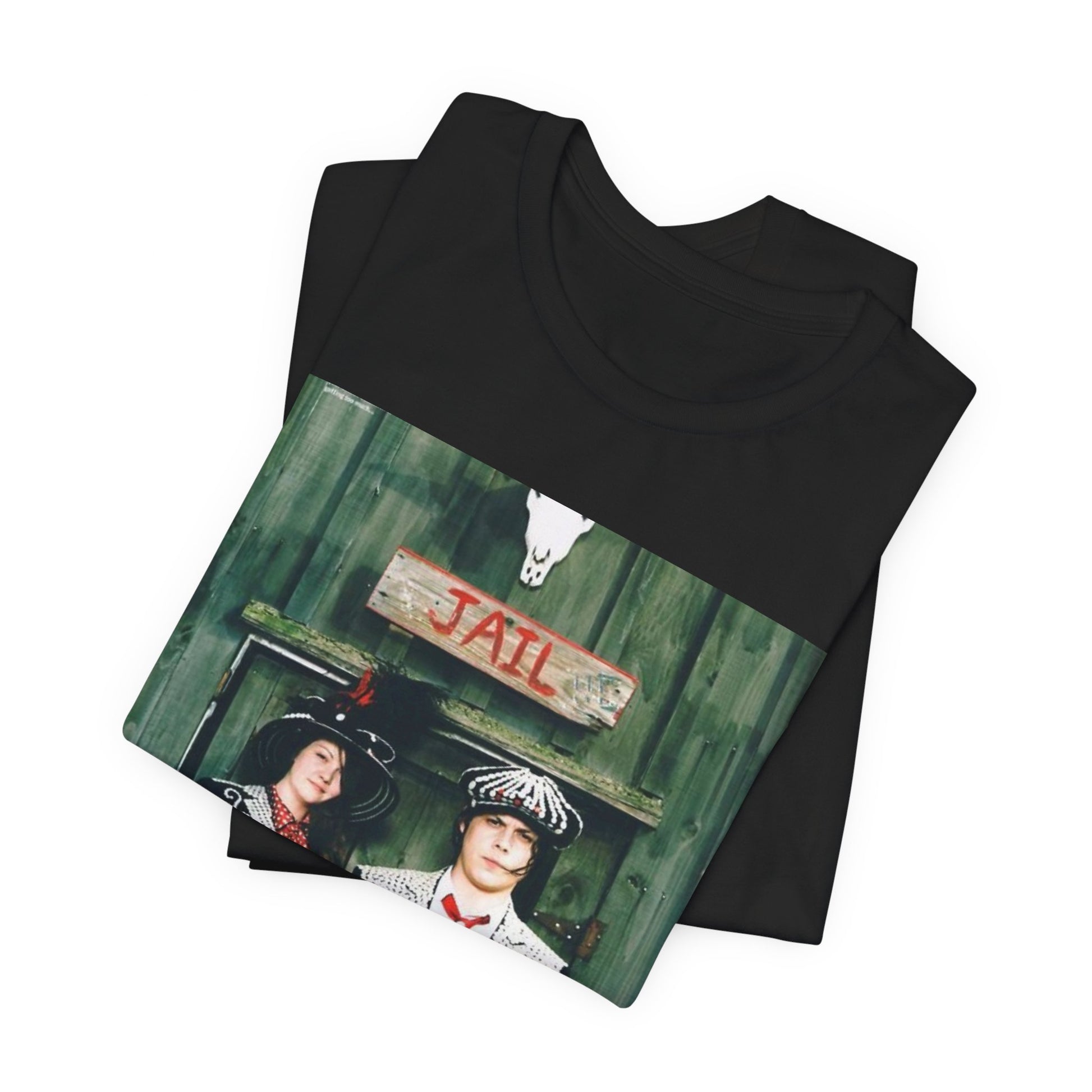 A black graphic t-shirt featuring a graphic of Jack and Meg White from The White Stripes.