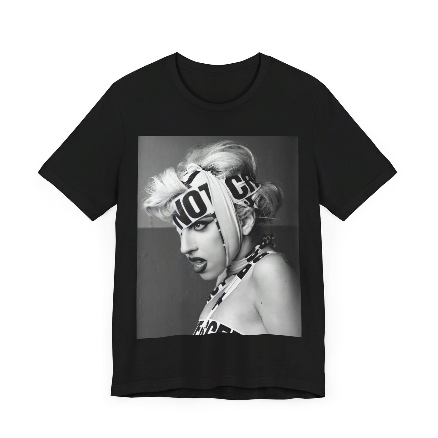 A black graphic t-shirt featuring a glam graphic related to Lady Gaga's 'Born This Way' album era.