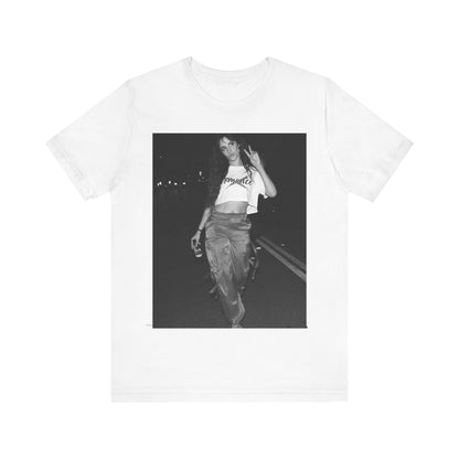 A black graphic t-shirt featuring a photo of Camila Cabello from her "Romance" album era.