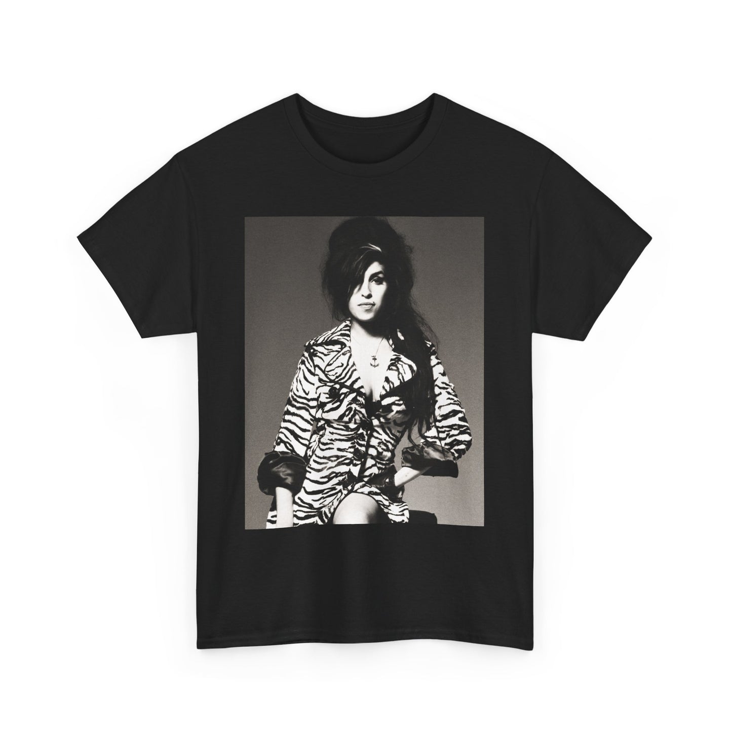 A black graphic t-shirt featuring a vintage black and white portrait of Amy Winehouse, showing her with her signature beehive and soulful expression.