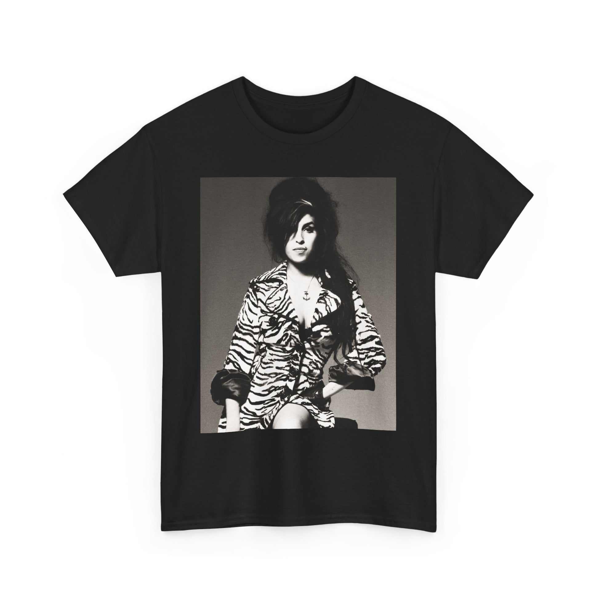 A black graphic t-shirt featuring a vintage black and white portrait of Amy Winehouse, showing her with her signature beehive and soulful expression.