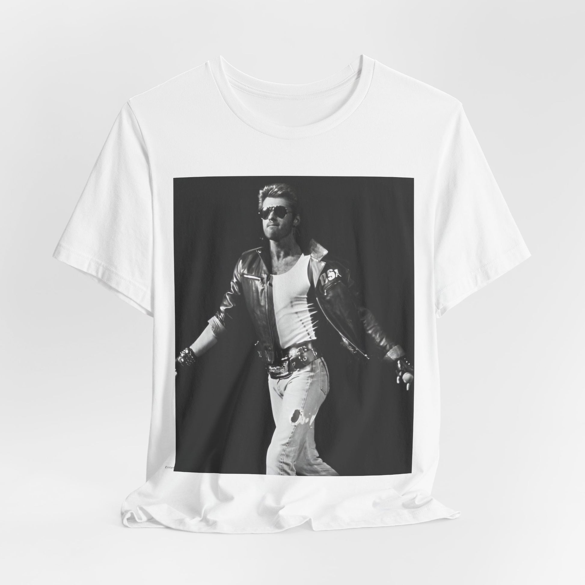 A black graphic t-shirt featuring a retro black and white monochrome graphic or photo of George Michael.