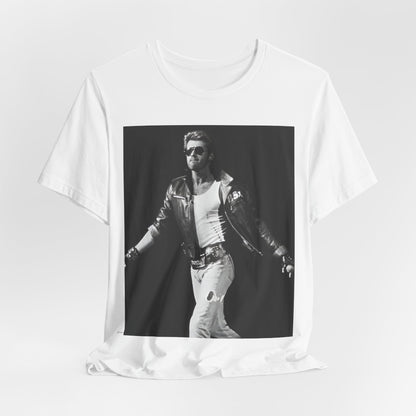 A black graphic t-shirt featuring a retro black and white monochrome graphic or photo of George Michael.