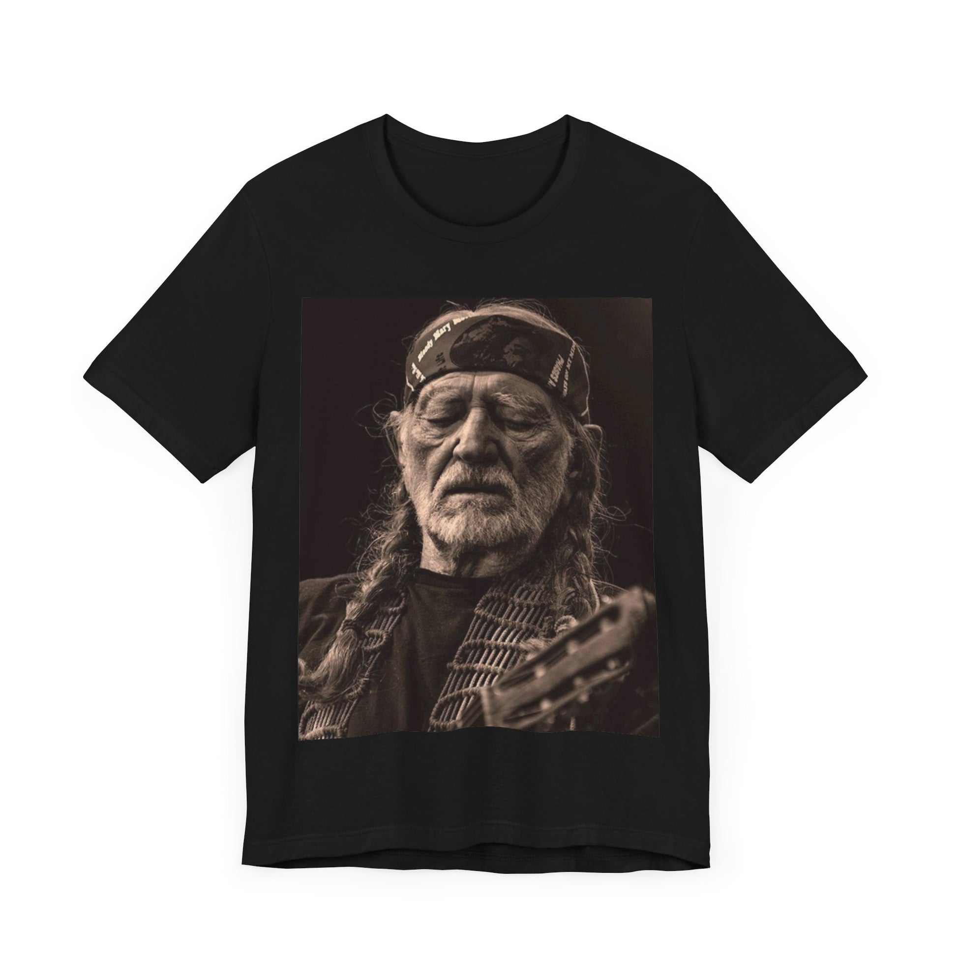 A black graphic t-shirt featuring a graphic of Willie Nelson with his iconic braids style.