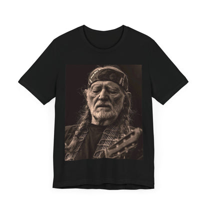 A black graphic t-shirt featuring a graphic of Willie Nelson with his iconic braids style.