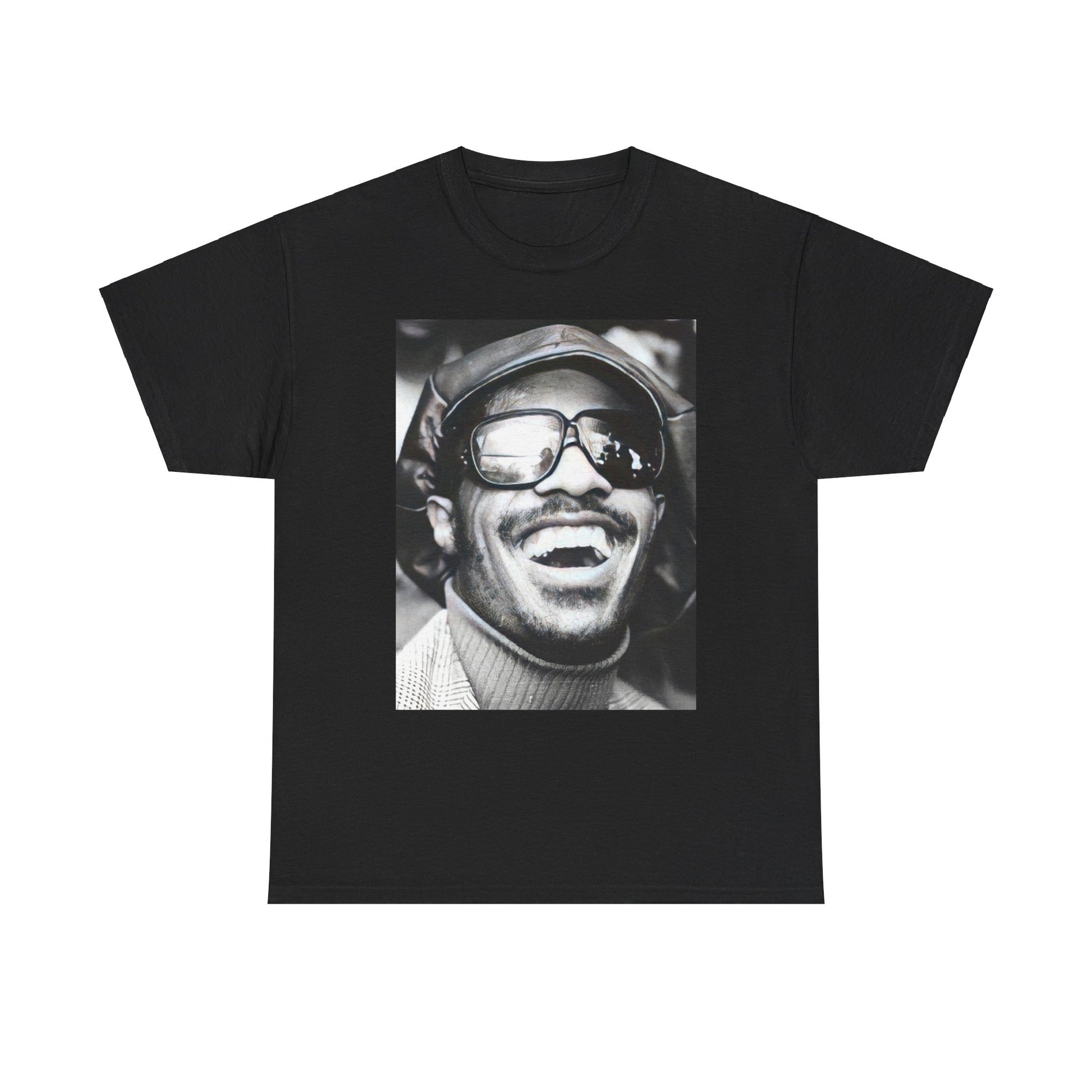A black graphic t-shirt featuring a black and white portrait photo of Stevie Wonder.
