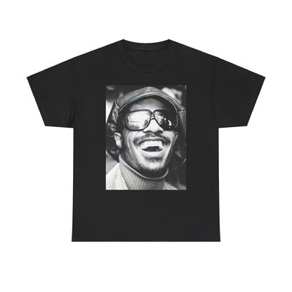 A black graphic t-shirt featuring a black and white portrait photo of Stevie Wonder.