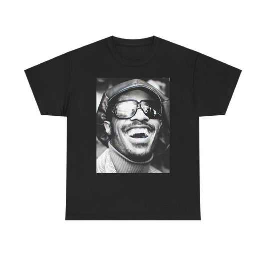 A black graphic t-shirt featuring a black and white portrait photo of Stevie Wonder.
