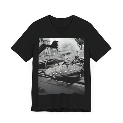 A black graphic t-shirt featuring a graphic of Billy Idol in a classic 80s punk rock pose.