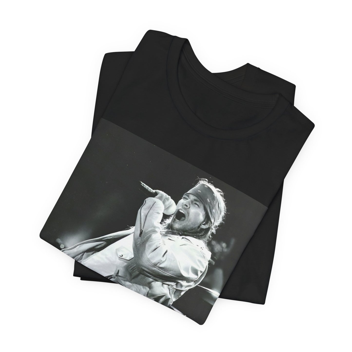 A black graphic t-shirt featuring a black and white graphic or photo of Axl Rose from Guns N' Roses performing on stage in the 90s.